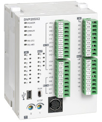 Контроллер DVP-SX2 имеет широкий набор функций, включая аналоговое управление двумя преобразователями частоты