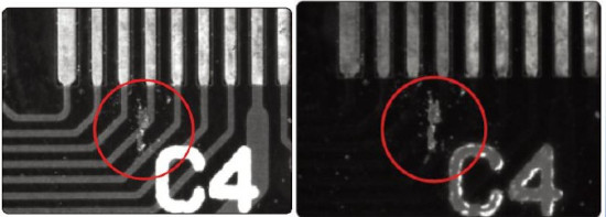 Изображение зоны печатной платы с в обычном свете (слева) и ультрафиолетовом (справа). Ультрафиолетовая подсветка четко выделяет объекты на поверхности, позволяя обнаруживать различные дефекты пайки