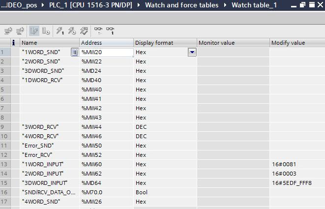 Все передаваемые в ПЧ данные, а также данные, получаемые из него, отображаются в стандартной таблице Watch table TIA Portal