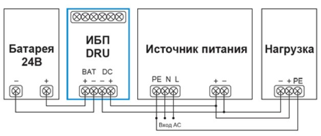 Схема подключения модуля бесперебойного питания DRU-24V40ABN.