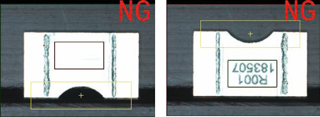 В случае отсутствия лазерной гравировки результат тестирования — NG, что сигнализирует о дефекте маркировки резистора //	Результат тестирования NG будет также в случае неверной ориентации (направления движения) резисторов
