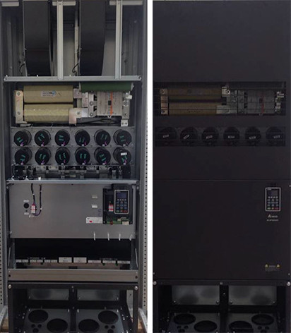 Шкаф управления линией закалки после модернизации с открытым (слева) и закрытым (справа) корпусом ПЧ CP2000